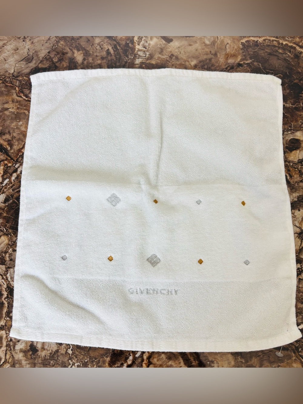 Givenchy Ivory Gold/Silver Embroidered Hand Towel size 18”x18”